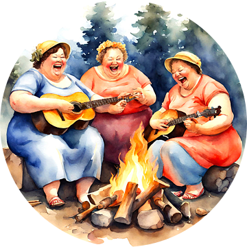 3 gezellige dames maken muziek bij een kampvuur van De gezellige Dames