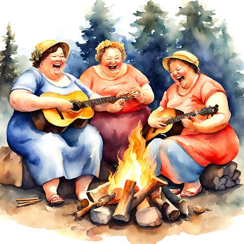 3 gezellige dames maken muziek bij een kampvuur