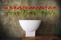 Stilleven met witte vaas en tulpen