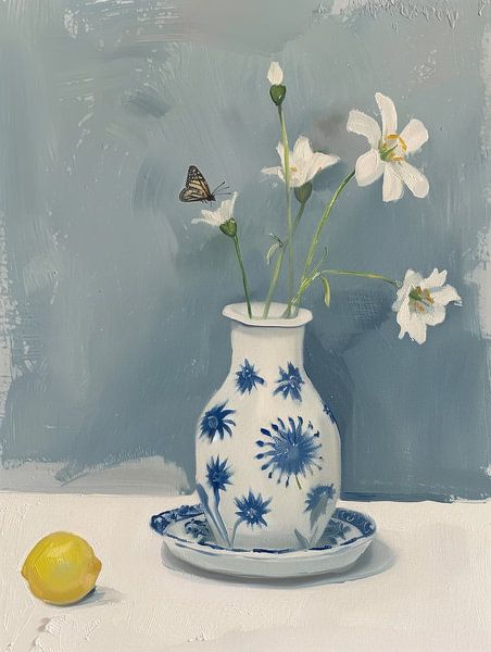 Nature morte d'un vase avec des fleurs, un papillon et un citron par Japandi Art Studio