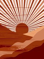 Retro landscape with sun and mountains in brown, terra and beige