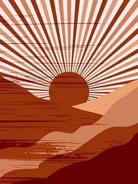 Retro landscape with sun and mountains in brown, terra and beige by Dina Dankers