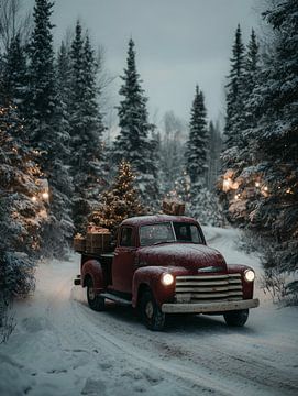 Roter Oldtimer-LKW im Winterwald - nostalgische Weihnachtsszene voller Wärme