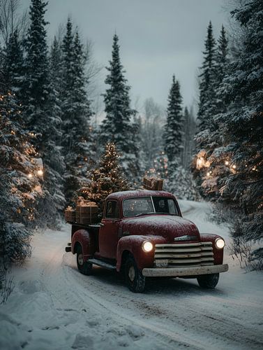 Red vintage truck in winter forest - nostalgic Christmas scene full of warmth by But First Framing