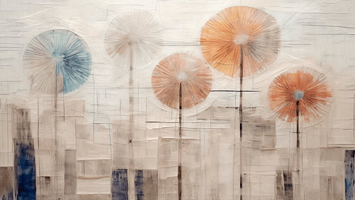 Modernes und ruhiges abstraktes Bild mit 5 Flocken (Löwenzahnblüten) von Studio Pieternel