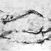 Schilderij van een liggende vrouwen figuur in zwart wit. van Therese Brals