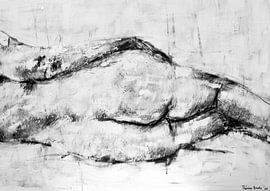 Malerei einer liegenden weiblichen Figur in Schwarz-Weiß.