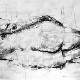 Schilderij van een liggende vrouwen figuur in zwart wit. van Therese Brals