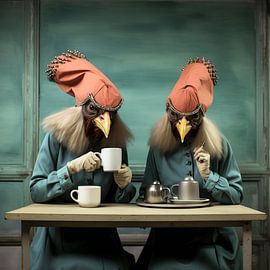 Surreal Personen Anthropomorph Hühnerköpfe Café Bistro