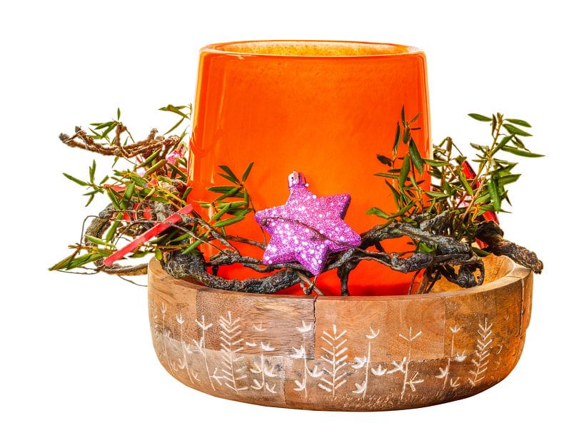 Orange Vase for Tea Light with Christmas Decoration on White Background by ManfredFotos