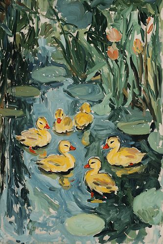 Canetons dans l'étang tranquille du jardin