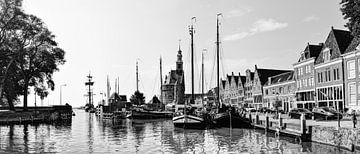 Schwarz-Weiß-Panorama Hoorn Alter Hafen Kruittoren Noord-Holland Niederlande