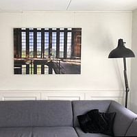 Klantfoto: Raampartij symmetrie een vervallen fabriek van Sven van der Kooi (kooifotografie), op canvas