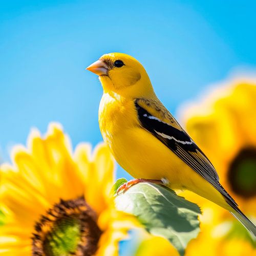 Yellow bird in front of sunflowers