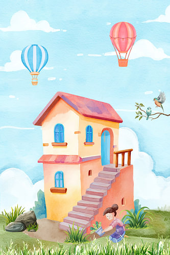 Niedliches Haus im Aquarellstil mit Heißluftballons