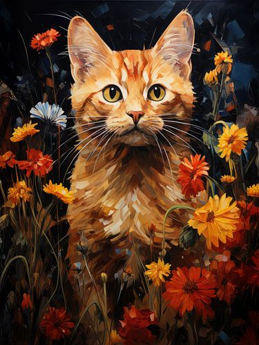 Rode kat met bloemen in artistieke stijl