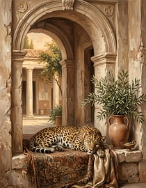 Leinwanddruck „Schlafender Leopard – Mittelmeerbogen“ von haroulita