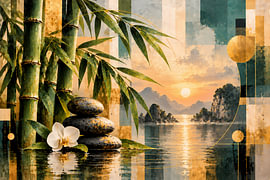 Pierres Zen avec bambou « & Bergsee | Abstrakte Zen Kunst in Grün, Beige & » doré | Affiche au format paysage
