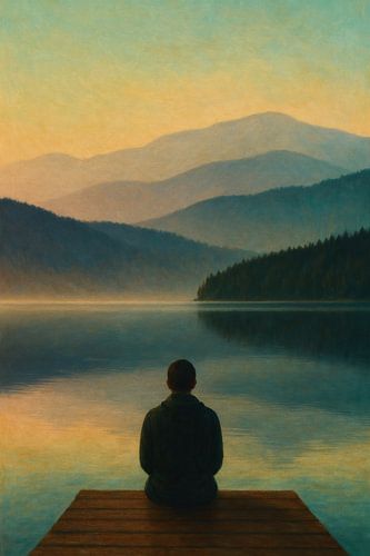 Solitary Figure Sitting on Dock Overlooking Misty Lake