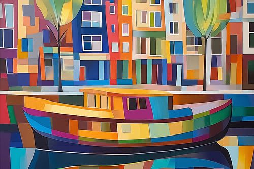 Woonboot en grachtenpanden in Amsterdam