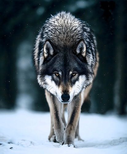 Wolf loopt door verse sneeuw