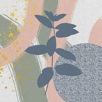 Abstracte botanische kunst. Plant, pastel en gouden vormen in roze groen