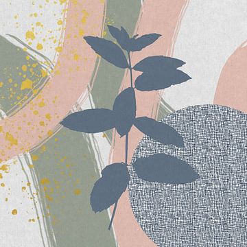 Abstrakte botanische Kunst. Pflanze, Pastell und goldene Formen in rosa grün von Dina Dankers