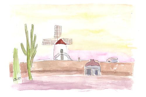 Lanzarote Canary Island landscape with windmill and cacti