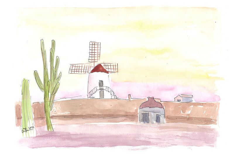 Lanzarote Canary Island landscape with windmill and cacti by Markus Bleichner