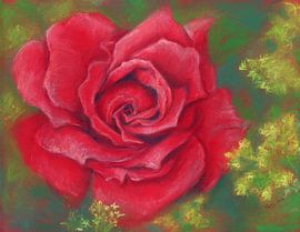 Red Rose with Yellow Lady's Mantle Pastel Painting by Karen Kaspar