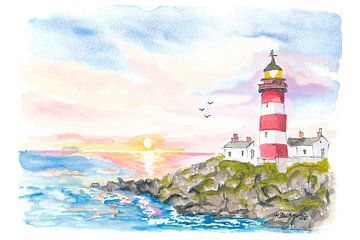 Eilean Glas Leuchtturm bei Sonnenuntergang an der zerklüfteten schottischen Küste