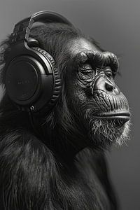 Intensive Blick Schwarz-Weiß Porträt eines Affen mit Kopfhörern von Felix Brönnimann