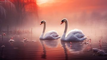 Two Swans in A Magical Lake by Vlindertuin Art