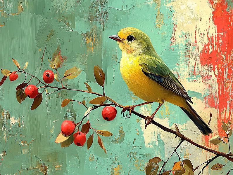 Vogel auf Ast mit roten Beeren von Bianca Bakkenist