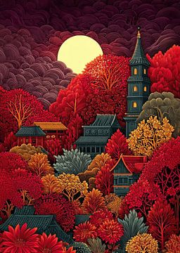 Herbstmond über dem Dorf Crimson Pagoda