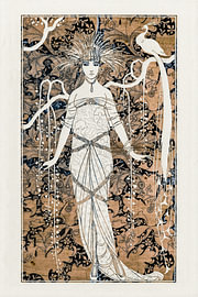 Elegant Art Deco fashion illustration of a woman with a peacock by Studio Pieternel