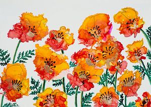 Malerei mit fröhlich bunten Mohnblumen in Öl- und Tuschetechnik
