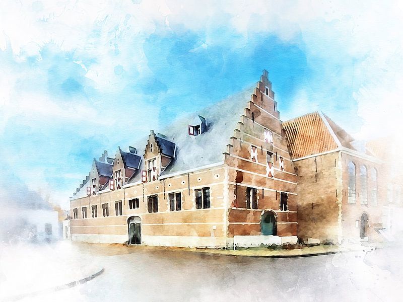 Watercolour painting of the Stadsschuur in Middelburg, Zeeland by Danny de Klerk