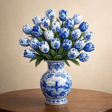 Porcelain Tulips, Cobalt Bloom in Delft Vase by BS