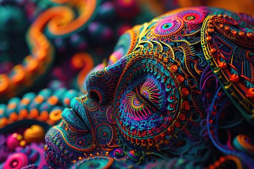 DMT gezicht met felle kleuren