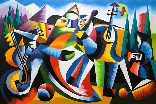 Kubistische muzikanten met instrumenten