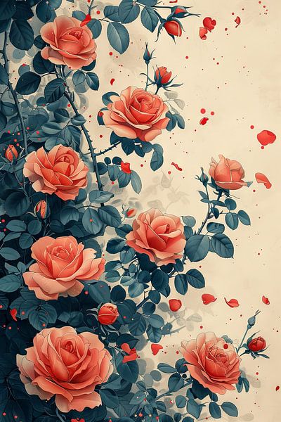 Elegant rose petals and leaves in pastel colours Illustration by Poster Art Shop