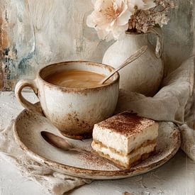 Koffie en Tiramisu in Aardetinten - Poëtisch Stilleven voor een Warm Interieur van Joriali Fine Art