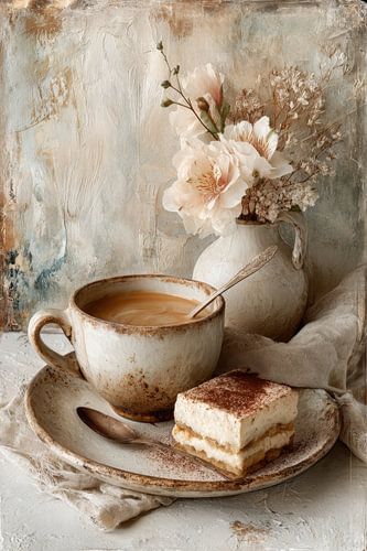 Café et tiramisu dans des tons ocres - Nature morte poétique pour un intérieur chaleureux sur Jorali Beaux-Arts