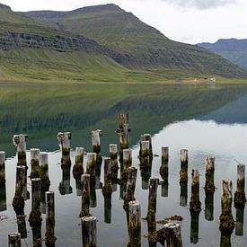 Spiegelung im Wasser, Küste bei Reydarfjördur in Island von Henk Alblas