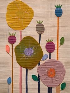Farbenfrohes botanisches Mixed-Media-Bild mit Mohnblumen und Samenkapseln auf Leinen
