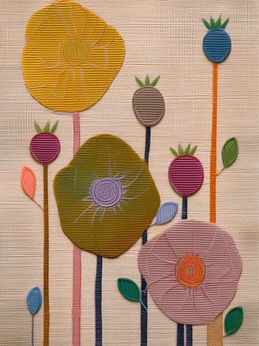 Farbenfrohes botanisches Mixed-Media-Bild mit Mohnblumen und Samenkapseln auf Leinen