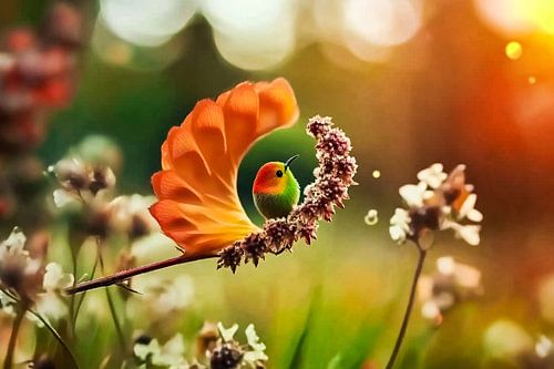 Vrolijke vogel tussen kleurrijke bloemen