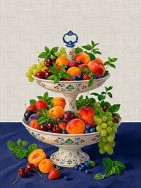 Retro still life by Boerenbont featuring summer fruit on a tiered stand by Studio Pieternel