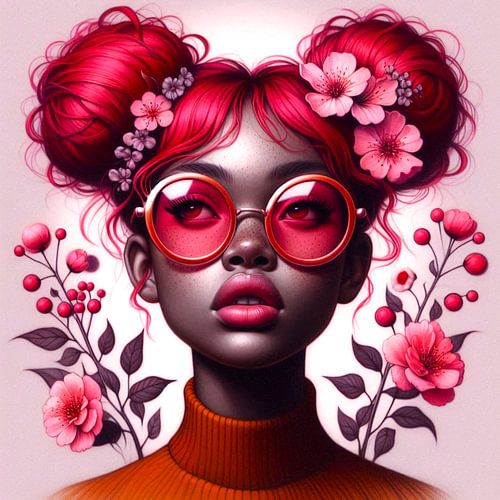 Pink flowers in red hair